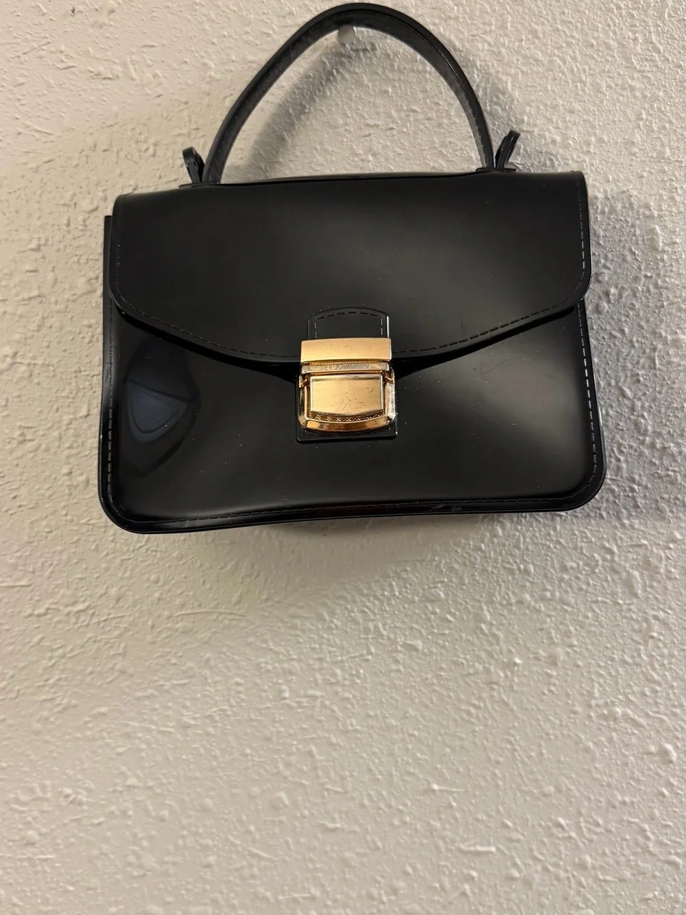 Elegant Black Patent Top-Handle Satchel with Gold Lock